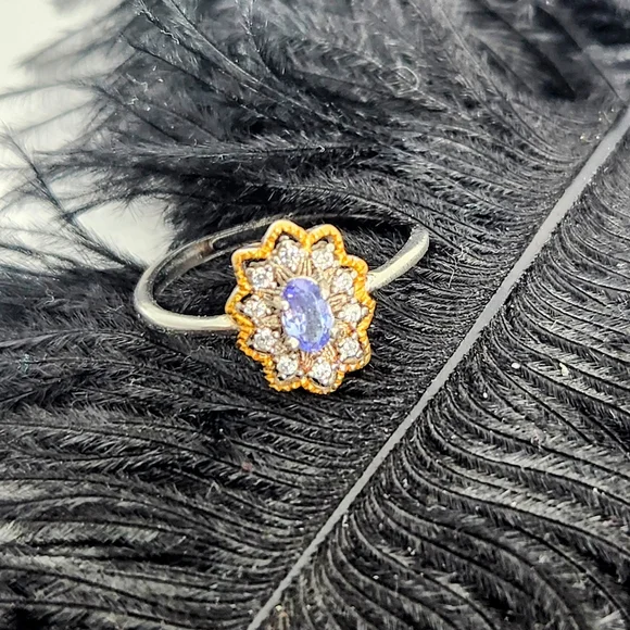 925 Sterling Silver Natural Blue Purplish Tanzanite Zirconia Diamonds Ring - Picture 2 of 10